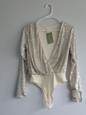 H&M Sequin Wrap Bodysuit in Champagne Cream